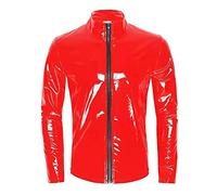 Men's Latex Shiny Tops Sexy Top Patent Leather with Stand-Up Collar Hippie Disco Party Clubwear Leather Coat Wetlook Top Patent Look Jacket T-Shirt Slim Fit, B Red, XXXXL