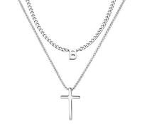 Men's Layered Initial Cross Necklace, 316L Stainless Steel Silver Cuban Chain Necklace with A-Z Letter Pendant, Personalised Mens Layering Jewellery for Daily Wear Birthday Christmas Gift (Initial B)