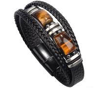 Men's Layered Leather Bracelet with Eye Stone Accent(Black 19cm)