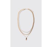 Men's Layered Mock Pearl Gem Pendant Necklace | Gold | BOOHOOMAN