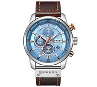 CURREN Men Leather Strap Military Watches Men's Chronograph Waterproof Sport Wrist Date Quartz Wristwatch Gifts (Silver Blue), silver blue, Chronograph,Quartz Movement