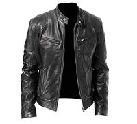 Men's Leather Biker Jacket - Vintage Leather Jacket Men Motorcycle - Stand Collar Distressed Leather Bomber Jacket Men(Black,XX-Large)