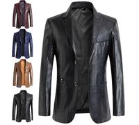 Men's Leather Blazer Jacket, Regular Slim Fit Business Casual Suits Jacket, Button Down Lined Smart Motorcycle Biker Style Coat with Multiple Pockets