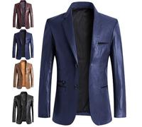 Men's Leather Blazer Jacket, Regular Slim Fit Business Casual Suits Jacket, Button Down Lined Smart Motorcycle Biker Style Coat with Multiple Pockets