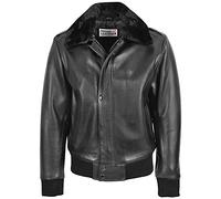 Mens Leather Bomber Jacket Removable Collar Pilot Aviator Leroy (3XL, Black)