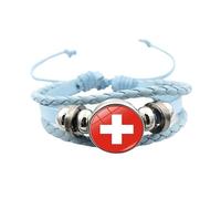 Men'S Leather Bracelet, Adjustable National Flag Leather Bracelet Multi-Layer Braided Rope Football Bangle With Snap Buttons Vintage Handmade Jewelry Gift For Women Men Switzerland