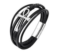 Mens Leather Bracelet, Ankh Cross Leather Bracelet For Men Multi-Layer Braided Cuff Wristband Magnetic Clasp Faith Crucifix Halloween Jewellery Gifts For Women Silver Buckle