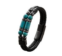 Mens Leather Bracelet Black Natural Stone Beaded Bracelet For Men Double Layer Leather Cuff Bangles With Magnetic Clasp Punk Goth Jewellery Gift For Men Dad Husband Turquoise 19Cm