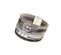 Mens Leather Bracelet,Boho Multilayer Leather Bracelet Tree Of Life Pearl Cuff Bangles With Magnetic Buckle Jewelry for Women Men Silver
