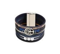 Mens Leather Bracelet,Boho Multilayer Leather Bracelet Tree Of Life Pearl Cuff Bangles With Magnetic Buckle Jewelry for Women Men Blue