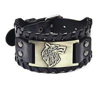 Mens Leather Bracelet,Brown Viking Wide Leather Bracelet with Wolf Head Pattern Vintage Nordic Talisman Adjustable Wristbands Gothic Handmade Braided Cuff Bangle Jewelry Gift Pu Bronze
