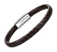 Mens Leather Bracelet - Classic Handmade Braided Black & Brown Cuff Bracelet with Engraved Magnetic Clasp Free Jewelry Gift Boxed