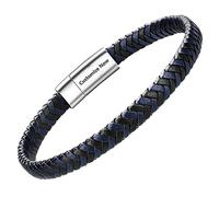 Mens Leather Bracelet - Classic Handmade Braided Black & Brown Cuff Bracelet with Engraved Magnetic Clasp Free Jewelry Gift Boxed
