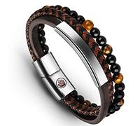 Mens Leather Bracelet - Classic Handmade Braided Black & Brown Cuff Bracelet with Engraved Magnetic Clasp Free Jewelry Gift Boxed