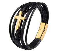 Mens Leather Bracelet, Cross Bracelet for Men Women, Black Braided Genuine Leather Bracelets with Magnetic Clasp, Classic Handmade Bracelets, Jewellery Gift for Men (Gold)