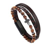 Mens Leather Bracelet, Cross Leather Bracelet For Men Multi-Layer Braided Natural Lava Tiger'S Eye Stone Beads Cuff Bangle Faith Crucifix Crystal Jewellery Gifts For Dad Him Husband Tiger'S