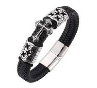 Mens Leather Bracelet, Cross Leather Bracelet Handmade Braided Faith Crucifix Cuff Wristband Meditation Amulet Stackable Halloween Jewellery Gifts For Women Black 18.5Cm