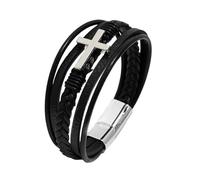 Mens Leather Bracelet, Cross Multi-Layer Braided Bracelet Handmade Faith Crucifix Wristband With Magnetic Clasp Meditation Amulet Good Luck Jewelry For Women Silver 23Cm