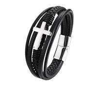 Men's Leather Bracelet, Cross Multi-Layer Braided Wrap Bracelet Handmade Faith Crucifix Wristband Religious Christian Meditation Amulet Good Luck Jewelry For Women Silver 22Cm
