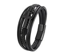 Mens Leather Bracelet, Cross Multi-Layer Braided Wrap Bracelet Handmade Faith Crucifix Wristband Religious Christian Meditation Amulet Good Luck Jewelry For Women Black 21Cm