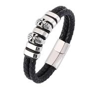 Men's Leather Bracelet, Double Layer Leather Wrap Bracelet For Men Handmade Braided Cuff Wristband With Skull Charm Vintage Halloween Jewellery For Boyfriend Husband 16.5Cm