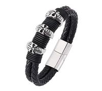 Mens Leather Bracelet, Double Layer Leather Wrap Bracelet For Men Handmade Braided Wristband With Skull Charm Punk Rock Halloween Jewellery For Boyfriend Husband 19.5Cm