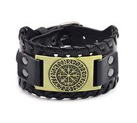 Mens Leather Bracelet,Genuine Leather Bracelets for Men Runic Compass Wristbands Wide Celtic Pagan Nordic Viking Cuff Bangle Handmade Braided Adjustable Wristbands Pu Bronze