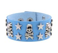 Men'S Leather Bracelet,Hand-Woven Adjustable Fashion Light Luxury Punk Five-Pointed Star Skull Studded Snaps Buckle Leather Bracelet, Energy Jewellery for Women Men Light Blue