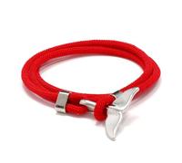 Mens Leather Bracelet, Hand-Woven Nylon Rope Wrap Bracelet with Matte Black Whale Tail Charm, Adjustable Nautical Wristband, Ocean Beach Jewelry for Men Women Red + Silver Fishtail
