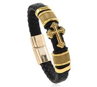 Men'S Leather Bracelet,Hand-Woven Punk Rock Style Magnetic Clasp Leather Bracelet with Cross Charm, Energy Jewellery for Men Gold 23Cm