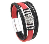 Men'S Leather Bracelet, Hand-Wovenmulti-Layer Braided Leather Bracelet with Antique Silver Tree Of Life Charm, Magnetic Clasp Wristband, Nature Inspired Jewelry for Men Red 21Cm