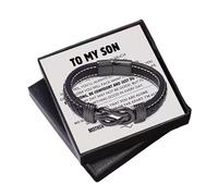 Men's Leather Bracelet - Infinity Knot Black Genuine Leather Wristband - Simple Clasp 21cm - for husband, boyfriend, father, or son (Black + Card Gift Box 1)