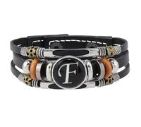 Mens Leather Bracelet, Initial Letter Leather Bracelet For Men Handmade Multi-Layer Braided Wristband With Pouch Vintage Jewellery Gifts For Dad Husband Brother Boyfriend Letter F