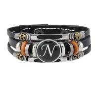 Mens Leather Bracelet, Initial Letter Leather Bracelet For Men Handmade Multi-Layer Braided Wristband With Pouch Vintage Jewellery Gifts For Dad Husband Brother Boyfriend Letter N
