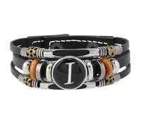 Men's Leather Bracelet, Initial Letter Leather Bracelet For Men Handmade Multi-Layer Braided Wristband With Pouch Vintage Jewellery Gifts For Dad Husband Brother Boyfriend Letter I