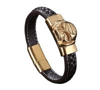 Mens Leather Bracelet, Mens Braided Leather Bracelet Magnetic Clasp Handmade Cuff Wristband With Skull Charm Gothic Halloween Jewellery For Boyfriend Husband Brown 19.5Cm