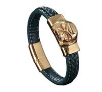 Mens Leather Bracelet, Mens Braided Leather Bracelet Magnetic Clasp Handmade Cuff Wristband With Skull Charm Gothic Halloween Jewellery For Boyfriend Husband Green 18.5Cm