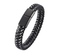 Mens Leather Bracelet,Men's Genuine Leather Bracelet Double Braided Cuff Bracelet With Magnetic Clasp Punk Rock Jewellery Fathers Day Birthday Gifts For Dad Grandad Black White 18.5Cm