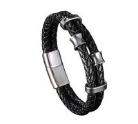 Mens Leather Bracelet,Mens Genuine Leather Bracelet Double Layer Braided Cuff Bracelet With Magnetic Clasp Punk Rock Jewellery Fathers Day Birthday Gifts For Dad Grandad Silver 20.5Cm