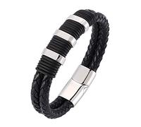 Men's Leather Bracelet,Men's Leather Bracelet Braided Leather Wristband With Magnetic Clasp Vintage Punk Jewellery Fathers Day Birthday Gifts For Dad Grandad Silver 16.5Cm