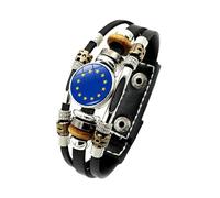 Men'S Leather Bracelet, Multi-Layer Braided Leather Bracelet Adjustable National Flag Football Bangle With Snap Buttons Handmade Belief Jewelry Gift For Women Men European Union