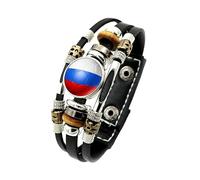 Men'S Leather Bracelet, Multi-Layer Braided Leather Bracelet Adjustable National Flag Football Cuff Bangle With Snap Buttons Vintage Handmade Jewelry Gift For Women Men Russia