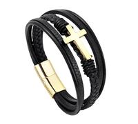 Mens Leather Bracelet, Multi-Layer Leather Bracelet With Cross Handmade Braided Cuff Wristband Magnetic Clasp Faith Crucifix Halloween Jewellery Gifts For Women Golden Buckle 21Cm