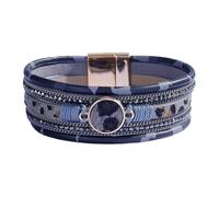 Men's Leather Bracelet, Multi-Layer Leather Wrap Bracelet For Women Handmade Braided Leopard Bangle With Magnetic Clasp Vintage Crystal Jewelry Gift For Women Teen Girls Navy Blue