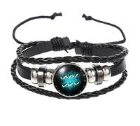 Mens Leather Bracelet,Multilayer Constellation Zodiac Leather Bracelet Handmade Woven Zodiac Sign Wrap Bracelet Manifestation Jewellery Fathers Day Gift For Him Dad Aquarius