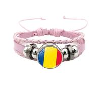 Men'S Leather Bracelet, National Flag Braided Bracelet Pink Adjustable Multi-Layer Leather Rope Football Bangle With Snap Buttons Vintage Handmade Charming Jewelry Gift For Women Men Romania