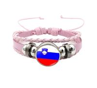 Men'S Leather Bracelet, National Flag Braided Bracelet Pink Adjustable Multi-Layer Leather Rope Football Bangle With Snap Buttons Vintage Handmade Charming Jewelry Gift For Women Men Sloveni
