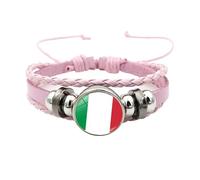 Men'S Leather Bracelet, National Flag Braided Bracelet Pink Adjustable Multi-Layer Leather Rope Football Bangle With Snap Buttons Vintage Handmade Charming Jewelry Gift For Women Men Italy