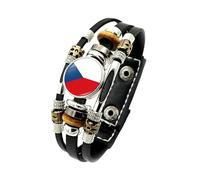 Mens Leather Bracelet, National Flag Leather Bracelet Adjustable Multi-Layer Braided Football Cuff Bangle With Snap Buttons Vintage Handmade Jewelry Gift For Women Men Czech Republic
