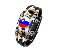 Mens Leather Bracelet, National Flag Leather Bracelet Adjustable Multi-Layer Braided Football Cuff Bangle With Snap Buttons Vintage Handmade Jewelry Gift For Women Men Slovenia